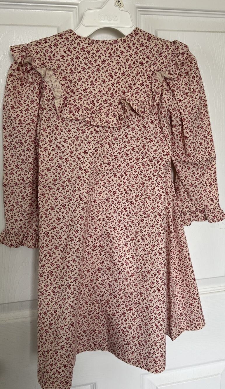 Vintage 70s Red Calico Floral Prairie Dress Ruffle Bib Handmade 3T 4T